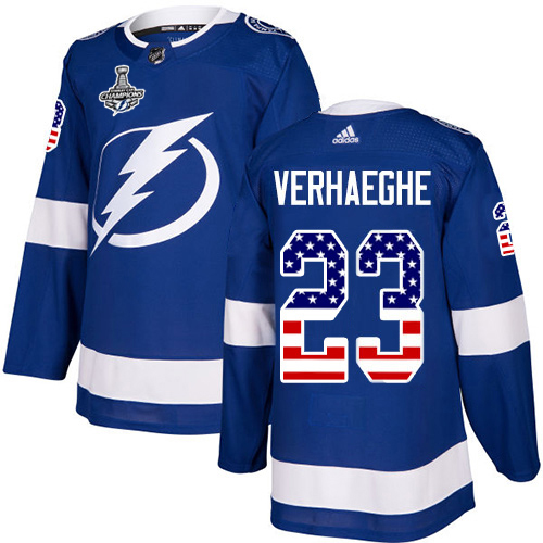 Adidas Tampa Bay Lightning Men #23 Carter Verhaeghe Blue Home Authentic USA Flag 2020 Stanley Cup Champions Stitched NHL Jersey->tampa bay lightning->NHL Jersey